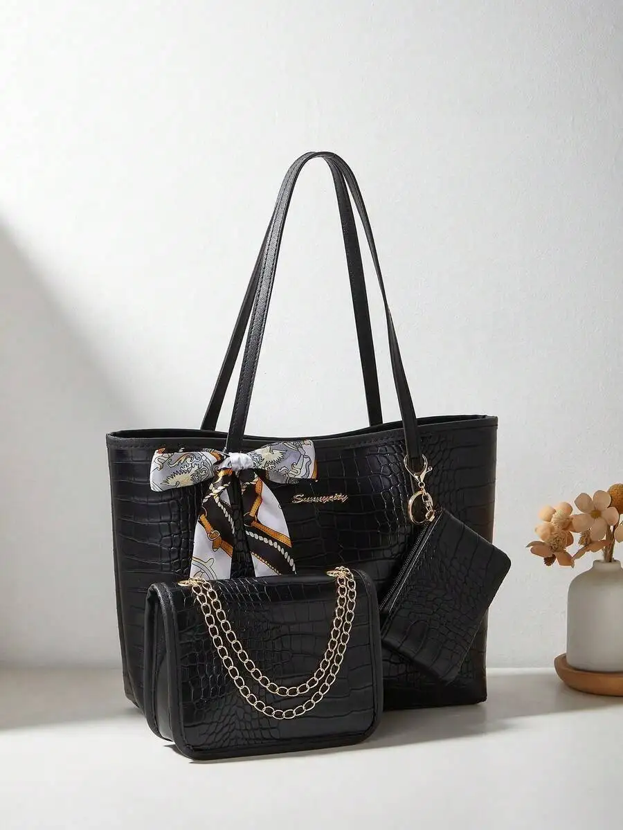 

3Pcs Women's Set: Scarf, Tote Bag, Chain Shoulder Bag & Coin Purse, Crocodile Embossed