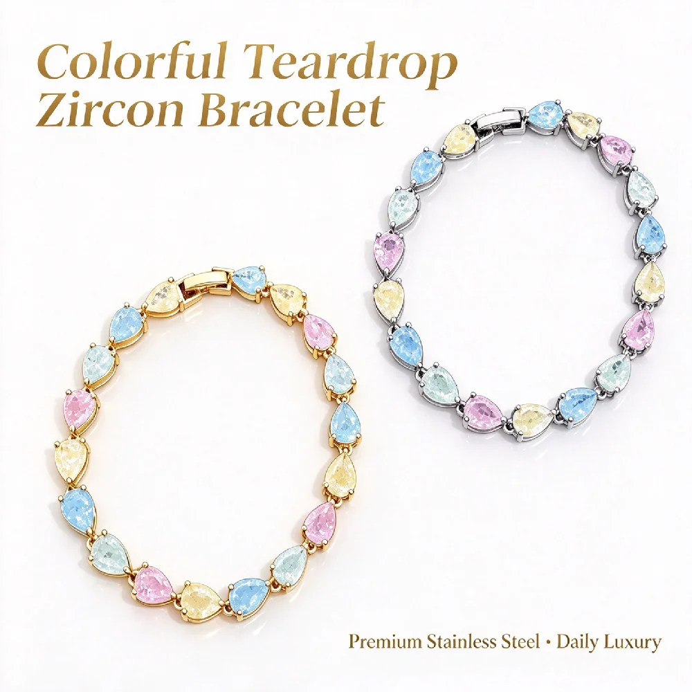 AENSOA Marken-Armband für Damen, modisch, aus Edelstahl, in Macaron-Farben, mit Wassertropfen-Zirkonia-Elementen, klassisch, wasserdicht, für Partys – Detail 4