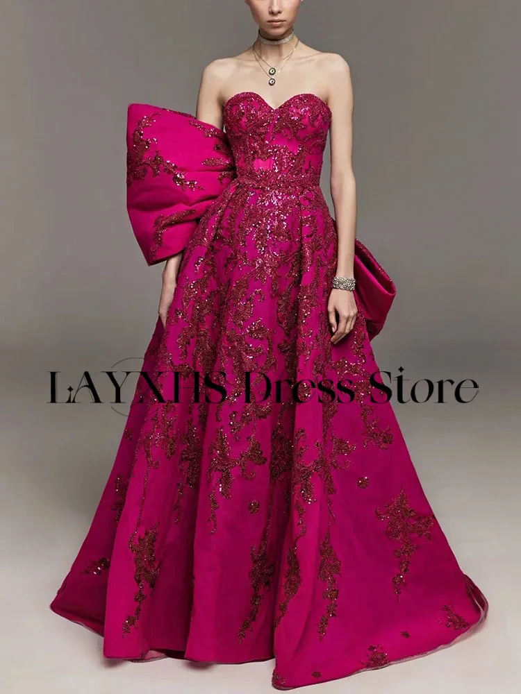LAYXHS Gorgeou Sweetheart Abiti da sera A-Line Fiocco con paillettes Appliques Piega Abiti da ballo Personalizzati فساتmavera