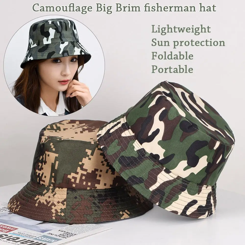 Camouflage Bucket Hat Anti-UV Women Men Beach Sun Hat Wide Brim Visors Foldable Portable Summer Fisherman Cap