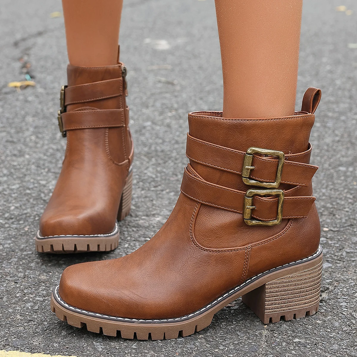 Stiefeletten im Vintage-Stil mit klobigem Absatz – braune Lederstiefel für Damen mit Schnallenriemen und dicker, rutschfester Sohle für Outdoor-Mode