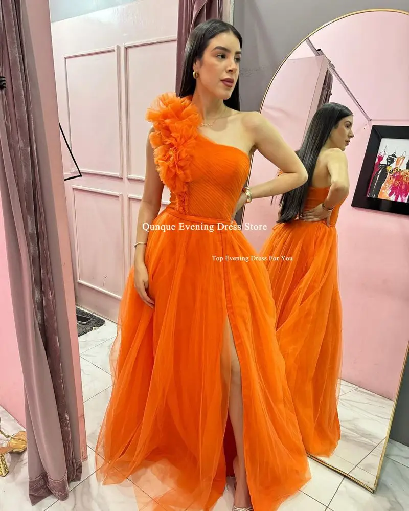 Qunque Customized Orange Prom Dresses One Shoulder Tulle Pleat Ruffles Party Gowns Sexy Leg Slit A-line Abendkleid Formal Gowns