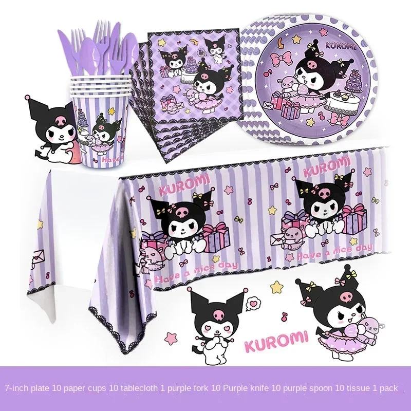 Sanrio Kuromi Festival Tema Toalhas de Mesa Descartáveis para Meninas, Layout de Aniversário Infantil, Decoração de Mesa de Festa, Kawaii