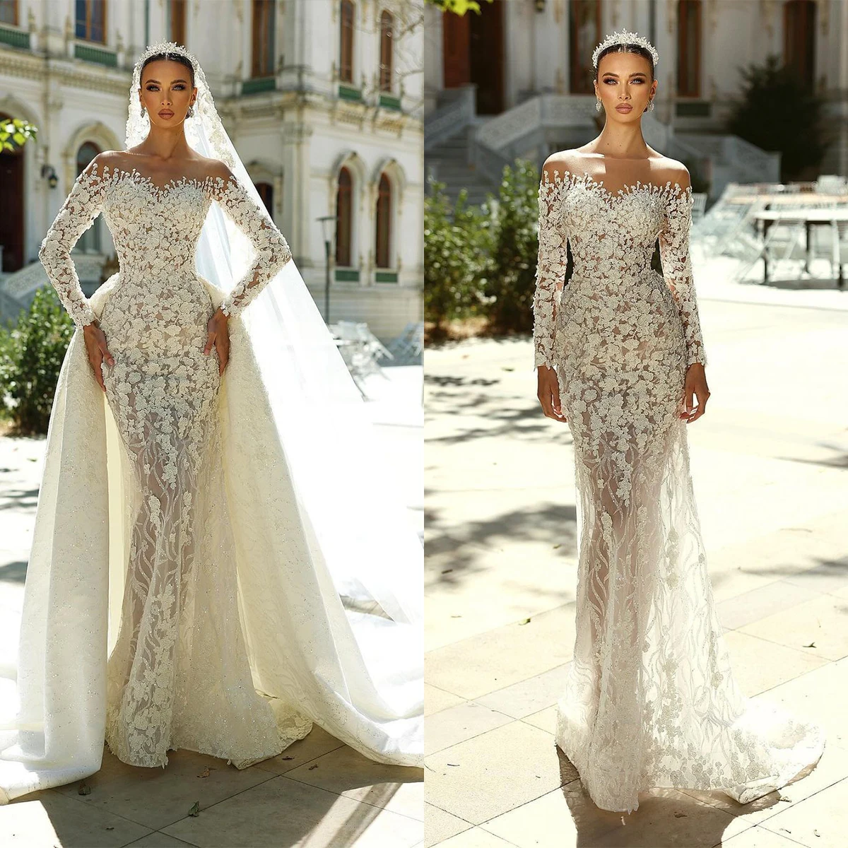 

Charming Off Shoulder Mermaid Wedding Dresses Lace Appliques Sequins Bride Gowns Detachable Train Custom Made Robes De Mariée