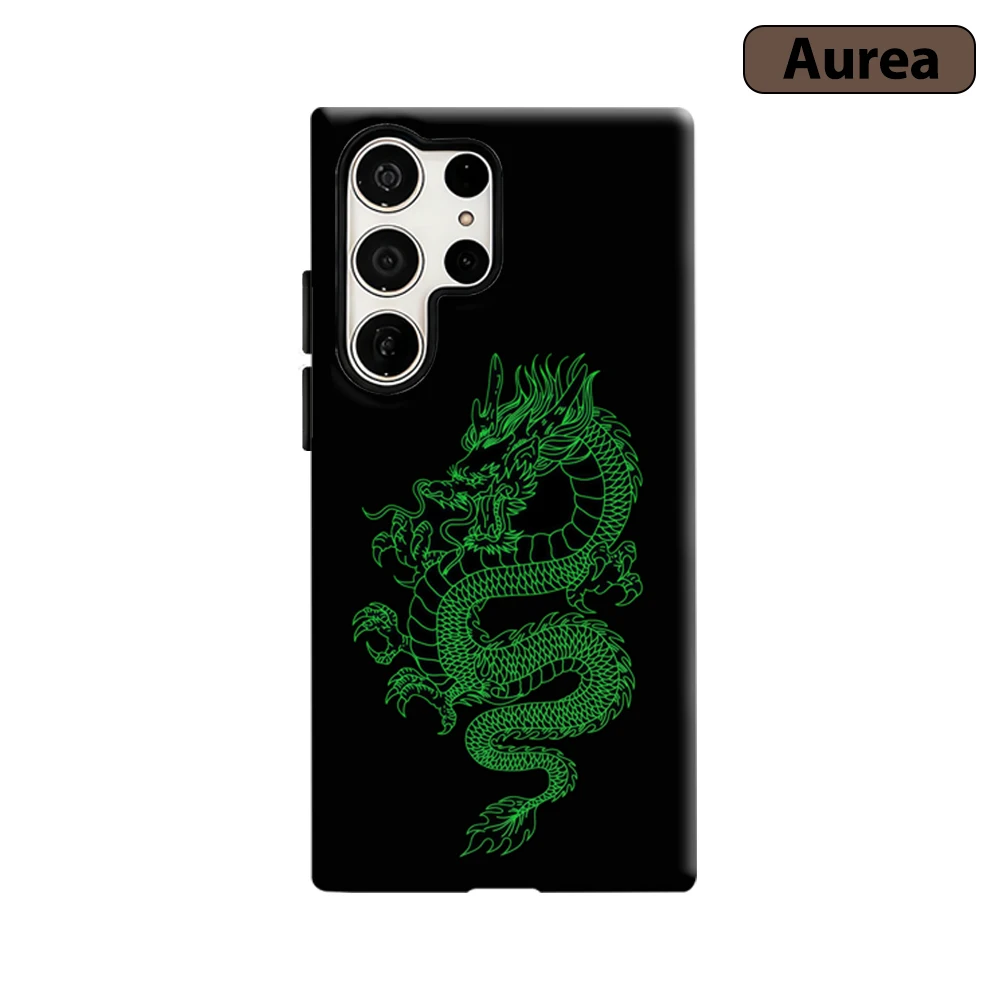 Black Neon Green Dragon Phone Case for Samsung Galaxy S25 Ultra S24 S23 Ultra Plus Shockproof Double Layer Tough Back Cover