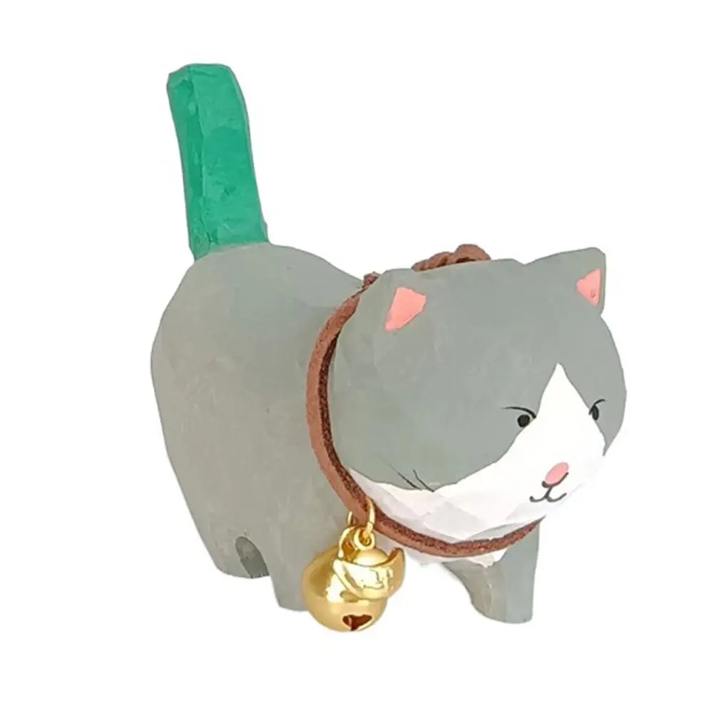 Bell Cat Wood Carving Cat Ornament Solid Wood Handmade Painted Cartoon Cat Sculpture Simple Style Cute