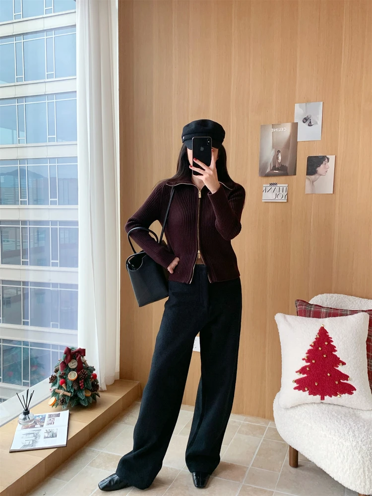 

Вязаный шерстяной свитер Flippedz с воротником-молнией, трансформируемый в высокий воротник, с длинными рукавами, женский зимний кардиган стандартной длины B2