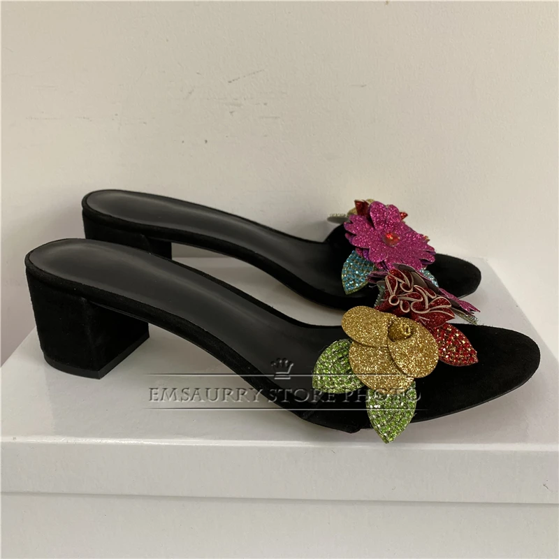 Bling Sequins Colorful Flower Sandals For Girls Luxury Suede Open Toe Slingbacks Crystal Rhinestone Mules Summer