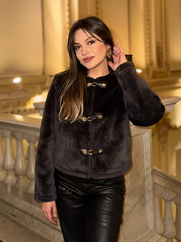 HH 여성용 가을 겨울 신상 양면 재킷, 매듭 버클, 인조 모피 장식, 슬림핏 숏 스타일 재킷