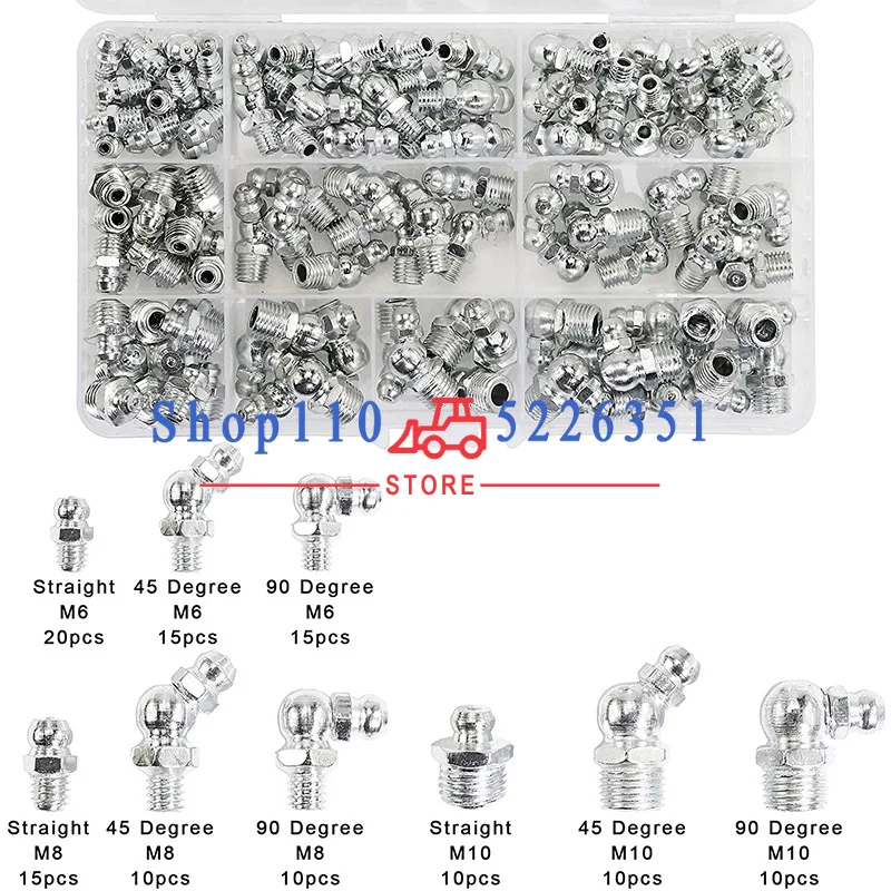 

Набор из 115 стальных ниппелей для смазки (прямые, под 90 и 45 градусов) (M6, M8, M10)