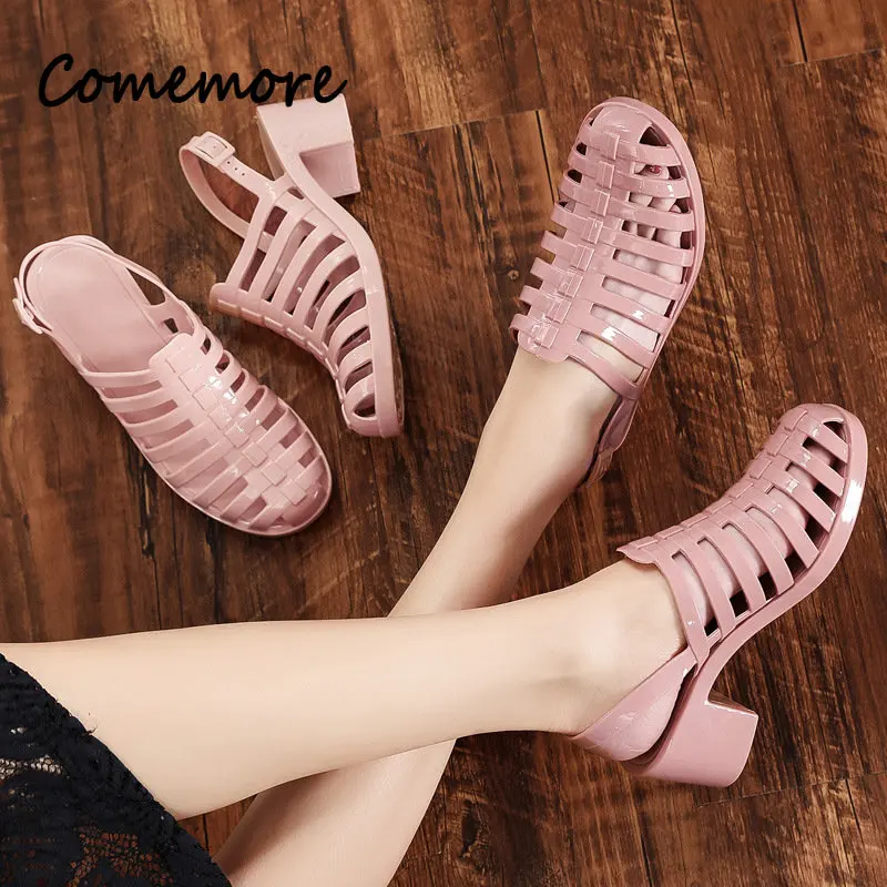 Comemore High Heels Women\'s Pvc Sandals for Summer 2023 Women Shoes Block Medium Heel Casual Plastic Sandal Clear Footwear Cheap