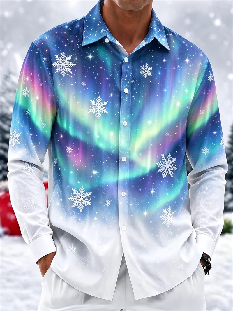 New men's Christmas snowflake print long sleeved shirt in red, black, gold, artistic snowflake collar casual shirt