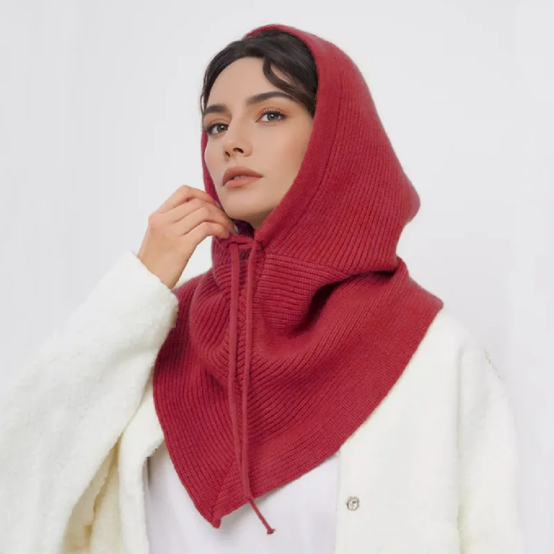 New Solid Color Simple Knitted Balaclava Hat Scarf Winter Two-in-one Drawstring Warm Neck Protection Beanie Caps for Women's