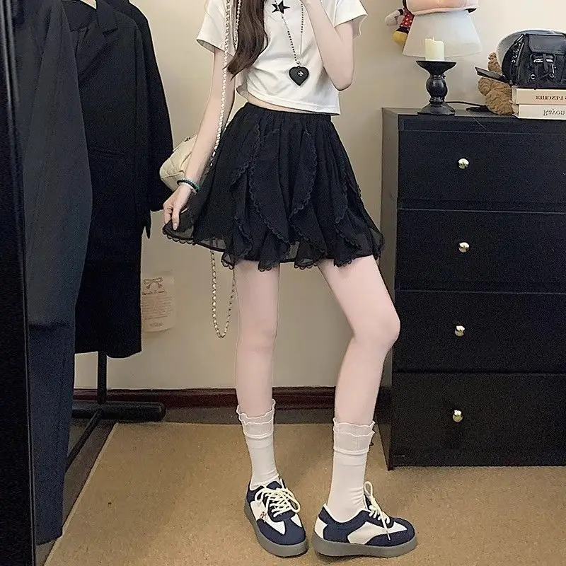 تنورة Ele American Lace المرقعة بخصر عالٍ للنساء، تنورة شيفون حلوة ذات حدود حلوة، تنورة كعكة كاجوال بلون نقي