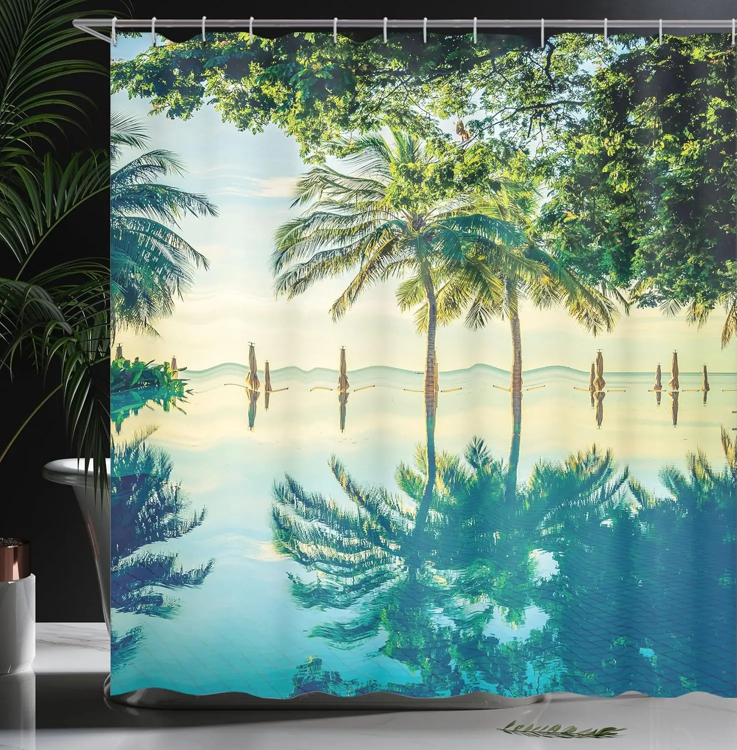 Landscape Shower Curtain, A Pool with Palm Trees on The Surface Region and Hot Spot Climate on Earth Nature Scenery Theme,Fabric