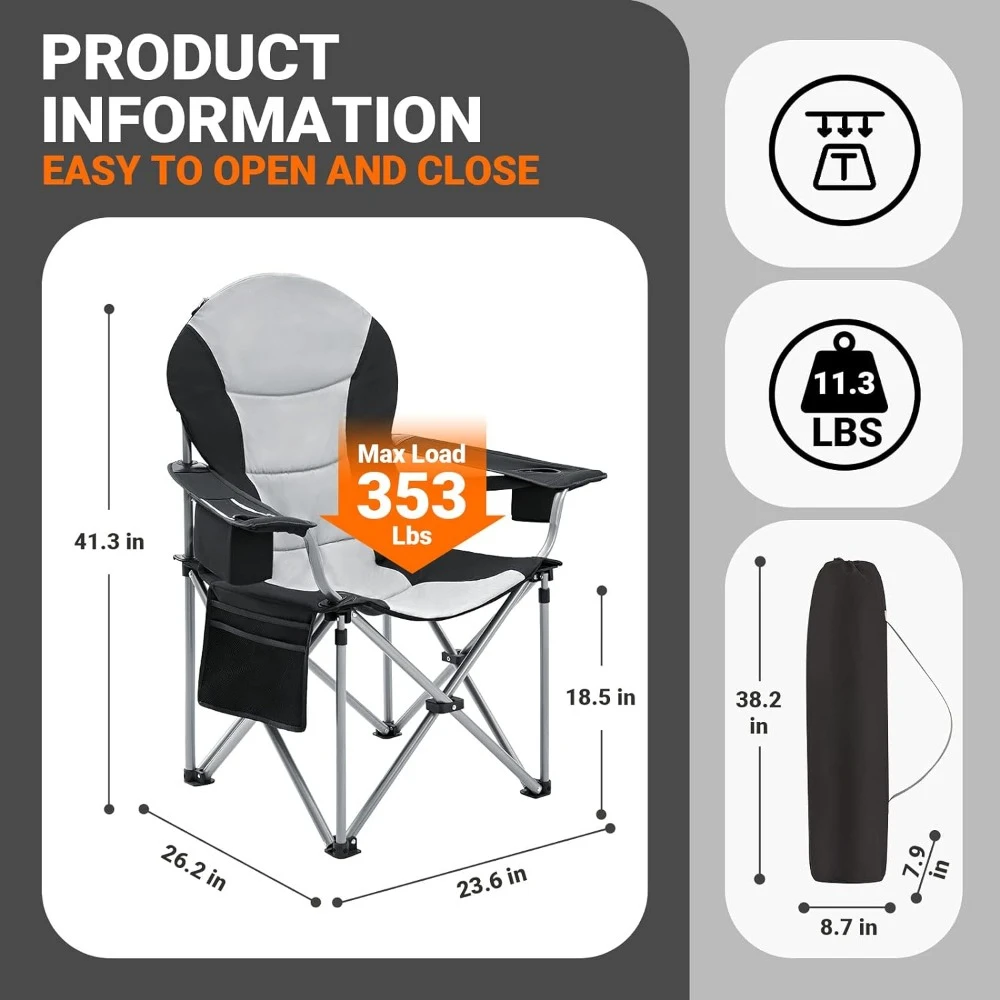 Lumbar Support Camping Chairs with Adjustable Armrest Foldable Camp Chair Cup Holder Side and Head Pocket,Max 353lbs