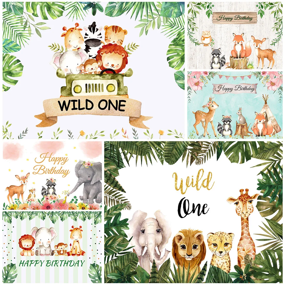 Safari festa de aniversário fundo floresta selva dos desenhos animados animal decoração do chuveiro do bebê criança banner personalizado pano de fundo photozone photocall