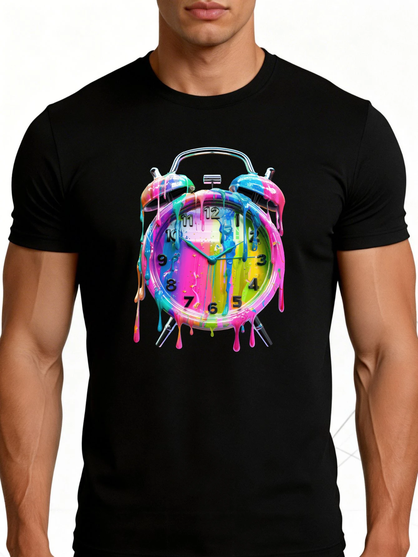 Colorful Paint-Drip Alarm Clock Design Men's T-Shirt, Artistic Graphic Summer Casual Wear, Gift for Him