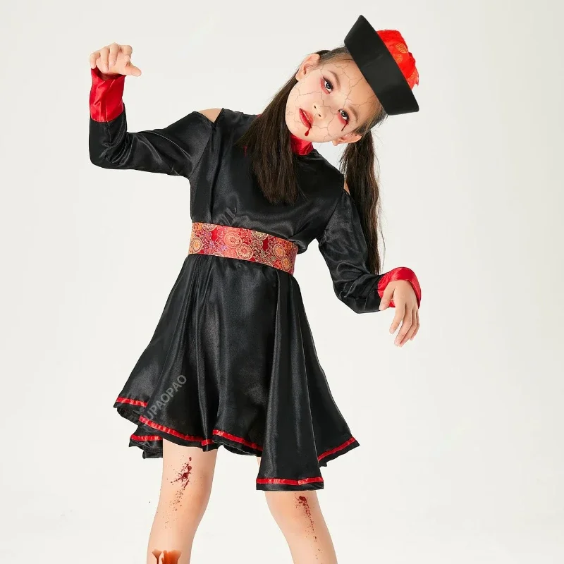 Girl Zombie Vampire Retro Embroidery Print Corpse Halloween Cosplay Costume Zombie Costume Black Dress Stage Performance Costume