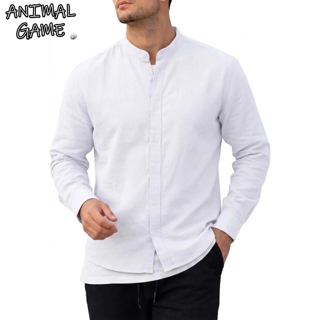 New Mens Casual Button Down T-Shirt Long Sleeve Breathable Linen Shirts Lightweight Stand Collar Streetwear Loose V-neck Tops