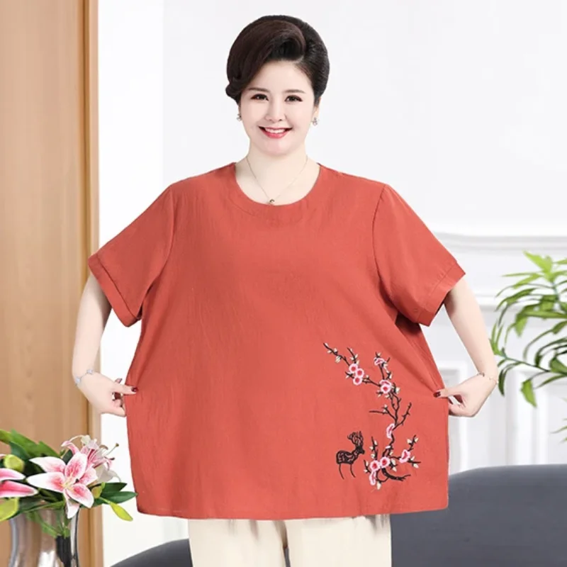 Plus Size Mom Summer Clothes Cotton Linen Women's Middle-aged Elderly Short-sleeved T-shirt Tops Old Lady Grandma Clothes New