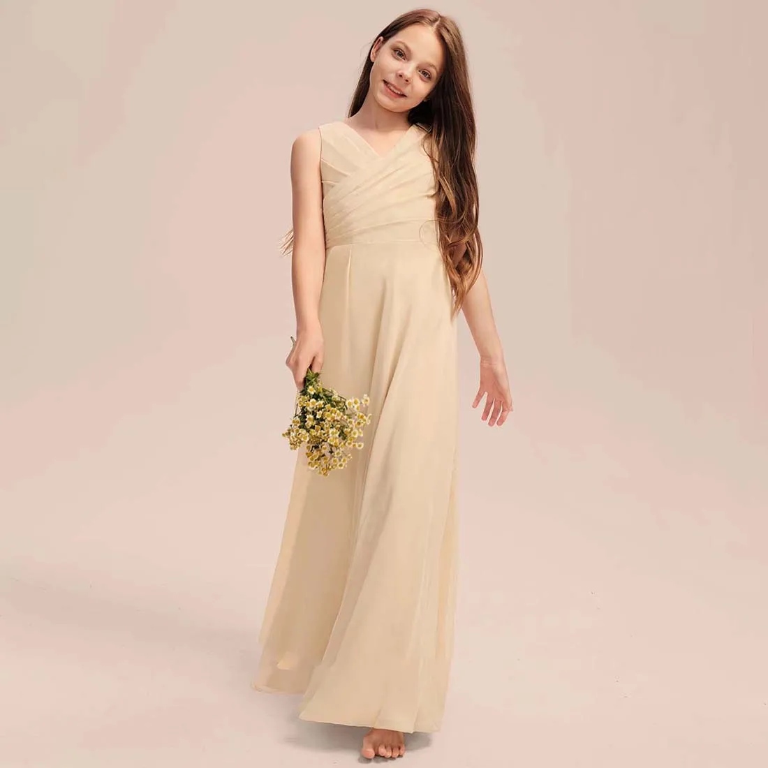 YZYmanualroom Chiffon Junior Bridesmaid Dress With Pleated A-line V-Neck Floor-Length 2-15T