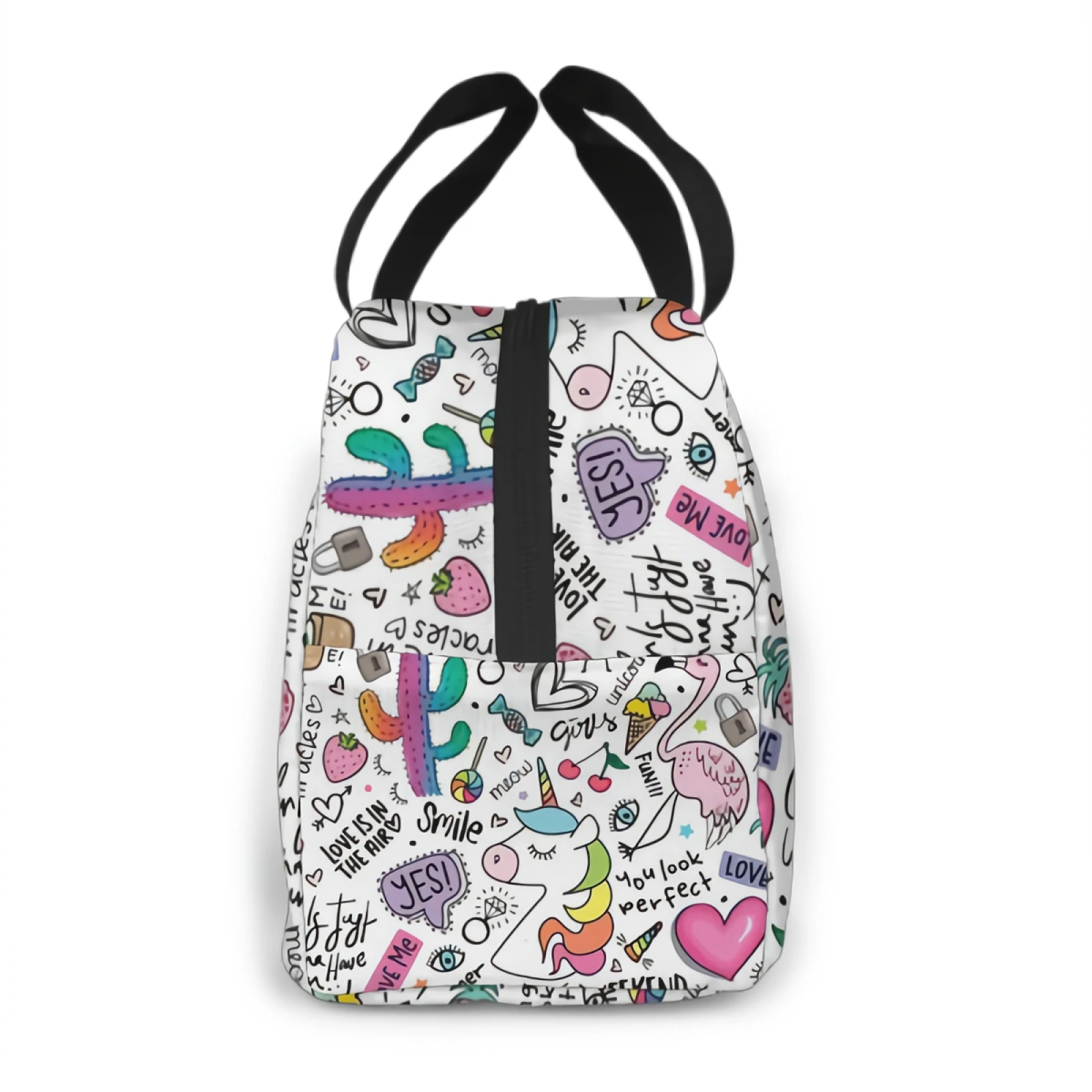 Leuke Doodle Met Eenhoorn Flamingo Cactus Ananas Geïsoleerde Lunch Tas Lunchbox Bakjes Voor Vrouwen Mannen Kantoor School Picknick