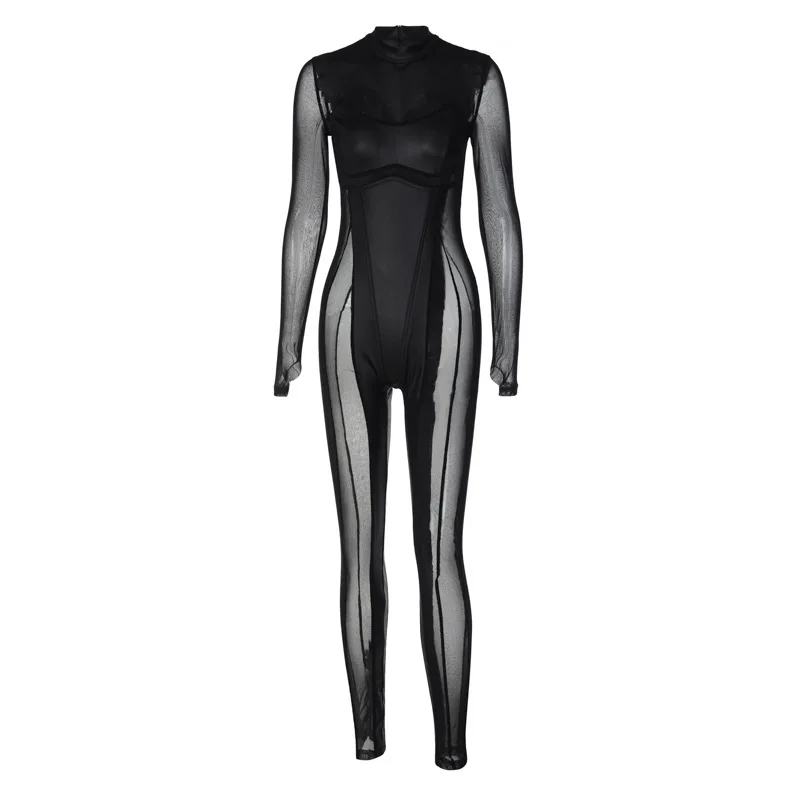 Women Cyber Sexy Tight Jumpsuit Alien Robot Punk Mesh Hollow Patchwork Bodysuit Cosplay Party Performance Costumes