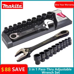 Japan Makita 3 in 1 Multi-function Pass-Thru Adjustable Wrench 100mm-19mm Socket Lockable Spanner Wrench 11 PCS Set Hand Tool