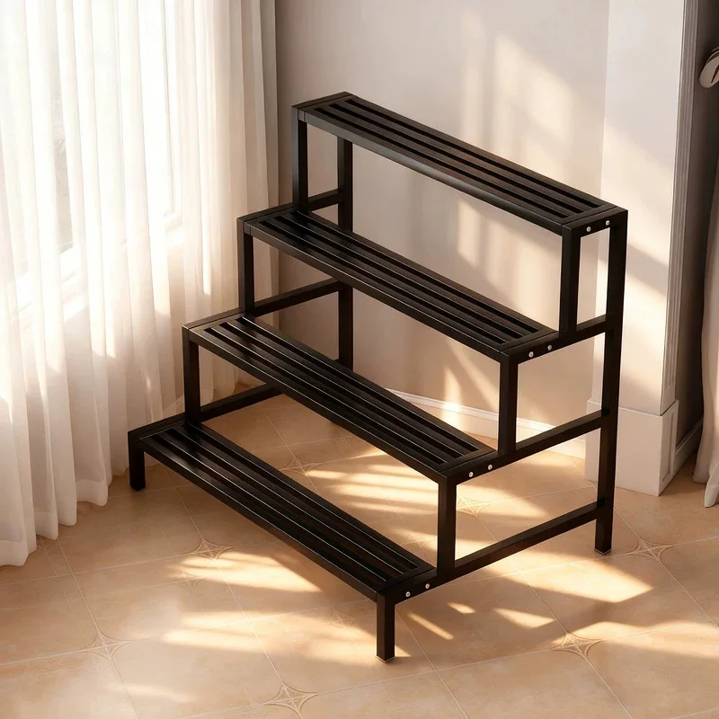Thickened Wrought Iron Plant Stand Tiered Floor Standing Ladder Style for Indoor Outdoor Balcony Plant Shelf