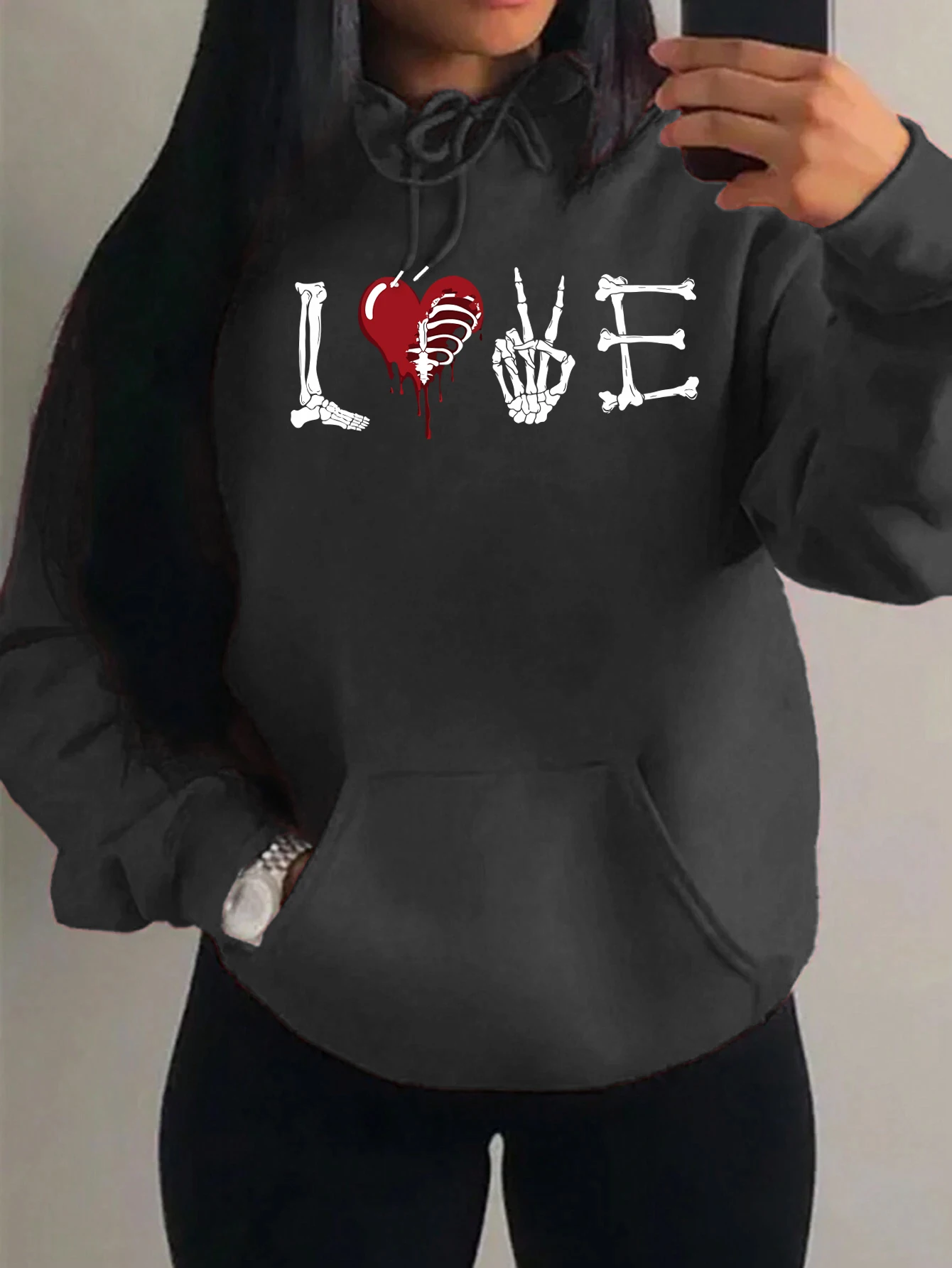 I Love Skull Hand Design Felpe con cappuccio da donna Felpa con cappuccio tascabile Hip Hop All-Match Abbigliamento sportivo casual in pile Y2K Donna Abiti autunnali