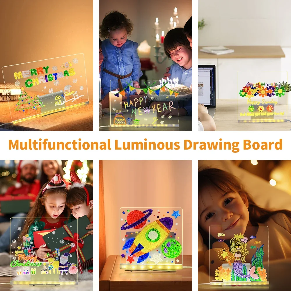 LED Luminous Drawing BOARD ของเล่น Night Light ข้อความหมายเหตุอะคริลิควาด 7 ปากกาสีสัน Erasable Writing สําหรับเด็ก