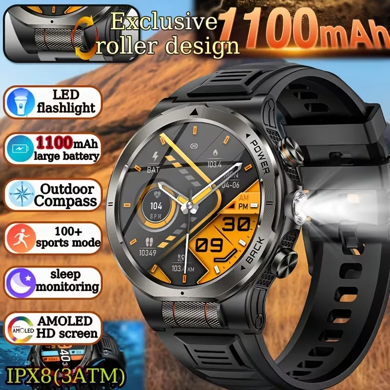 

AMOLED Smart Watch BT Call Outdoor Sports Compass AI Voice LED Flashlight 1100mAh Large Battery Men Smartwatch KT91