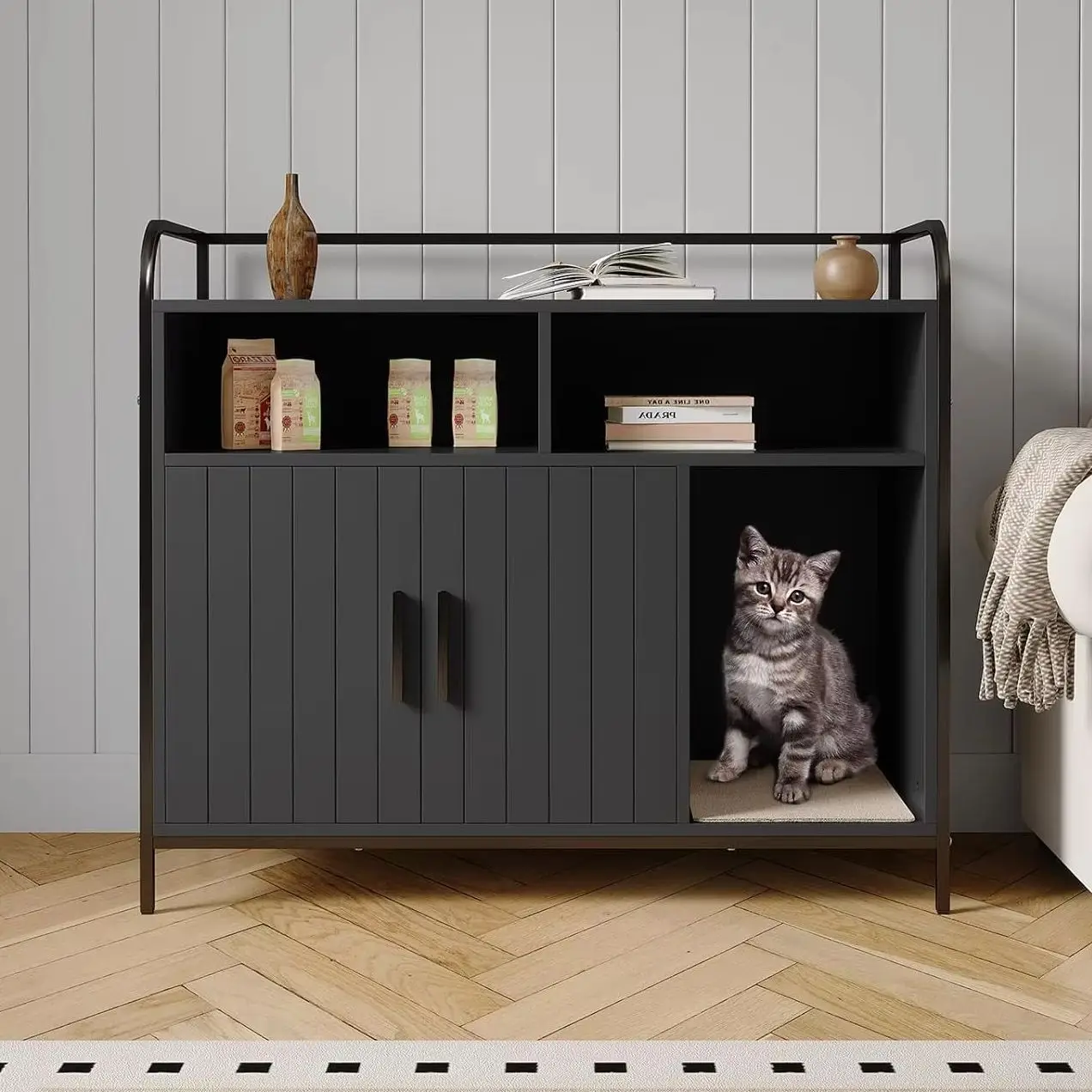 Moderne Katzentoilette mit Metallrahmen – Doppeltüren, belüftet, geruchsneutral, zwei Ablageflächen, multifunktionales, verstecktes Katzen-WC-Möbelstück, einfache Reinigung