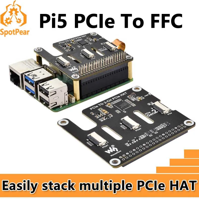 Raspberry Pi 5 PCIe to 2-CH PCIe FFC Dual PCIe HAT Board Pi5 Double