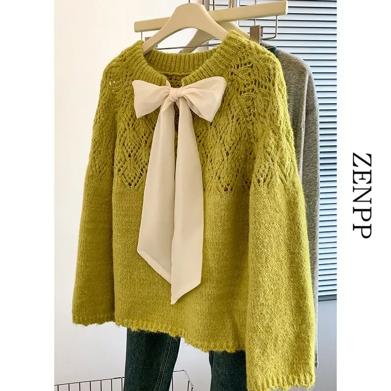 Soft Glutinous Oatmeal Color Bow Knitted Sweater Women's Autumn and Winter Idle Style Design Blouse Da Lang Thirteen Lines