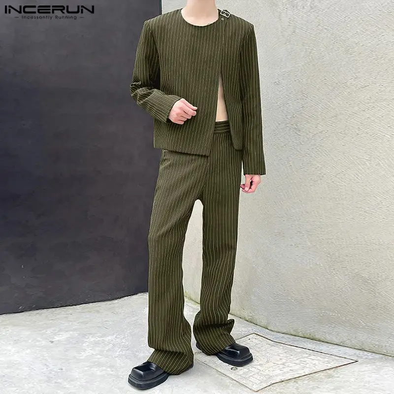 INCERUN 2024 Korean Style Men\'s Fashion Striped O-neck Long Sleeved Suit Long Pants Casual Streetwear Male Two-piece Sets S-5XL