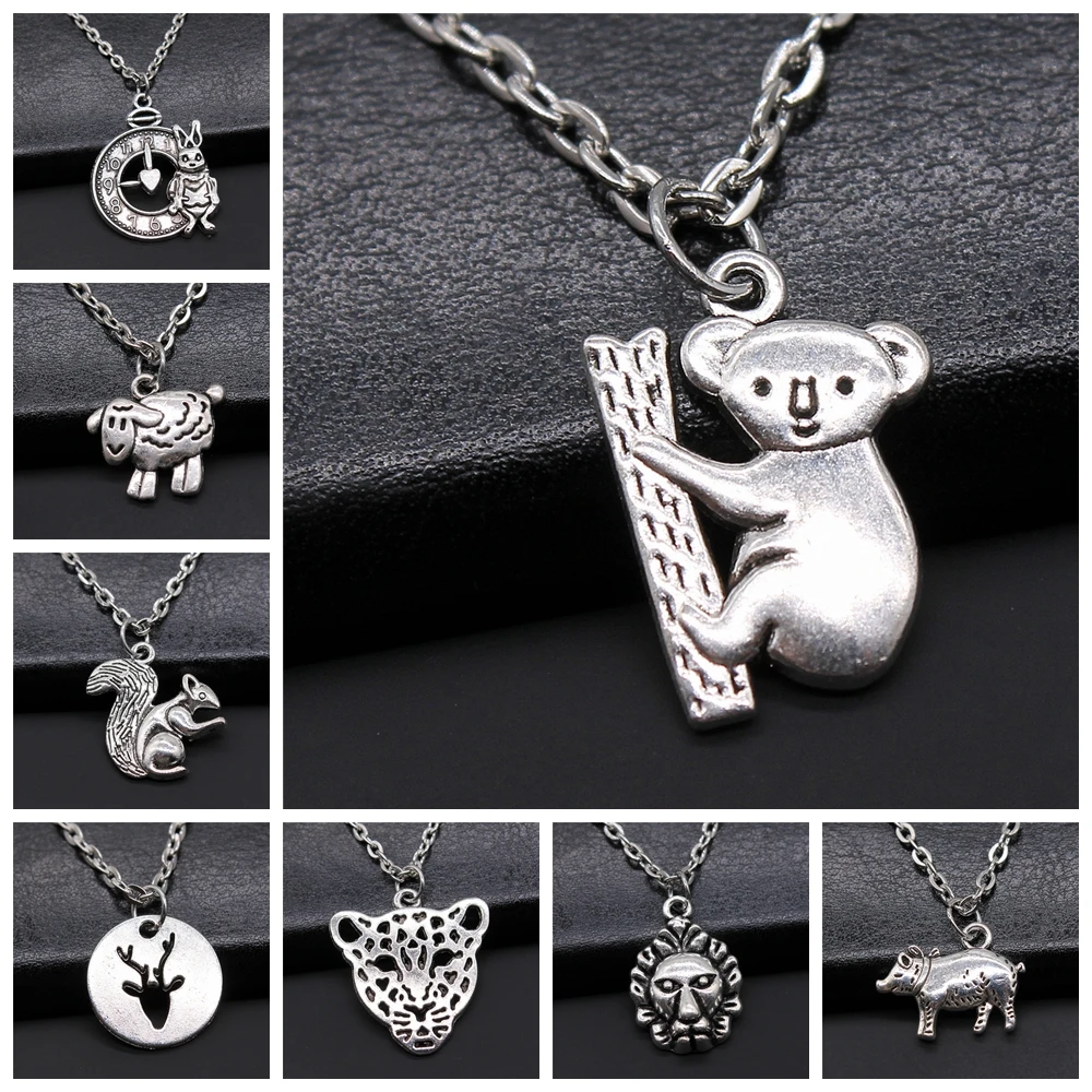 Animal Pendant Necklace Fashion Antique Silver Color Simple Zinc Alloy Rabbit Sheep Snake Deer Pig Lion Necklaces - view 2