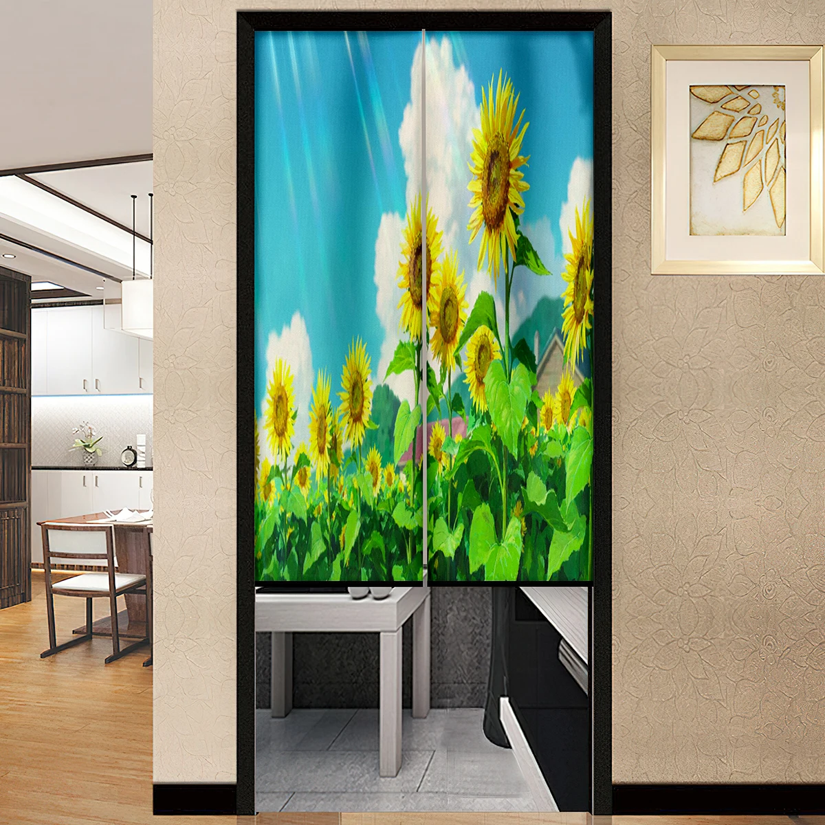 Oil Painting Sunflower Print Japanese Door Curtain Household Kitchen Partition Drapes Restaurant Entrance Hanging Half-Curtain