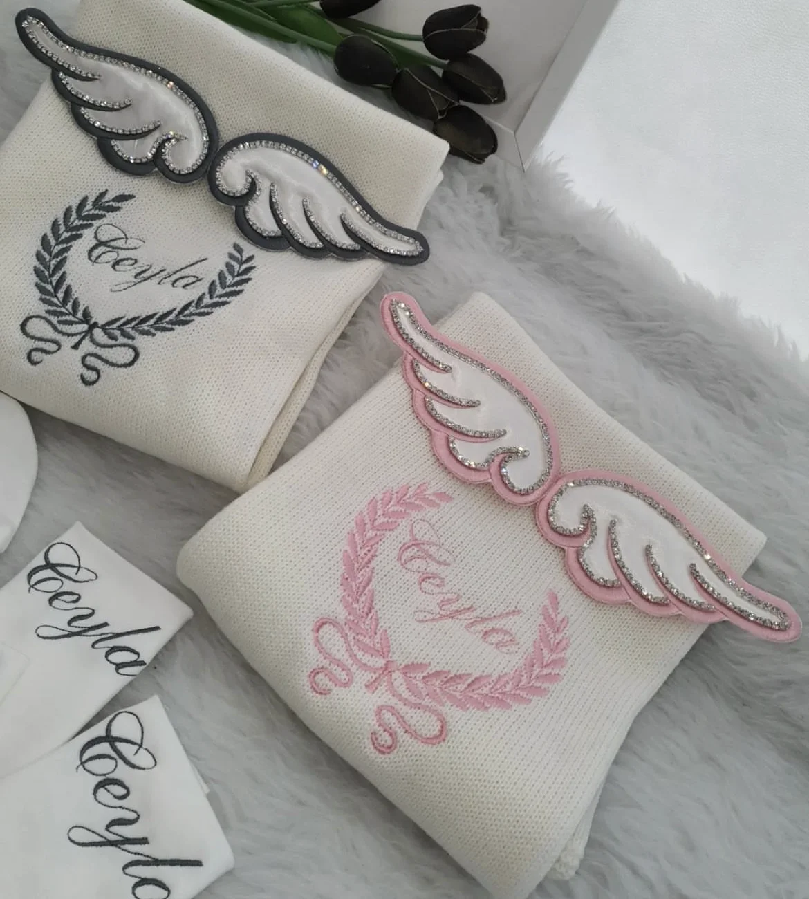 Dollbling Hospital Exit 5pcs Embroidery Name Newborn Angle Wings Romper Blanket  Nursery Bedding Swaddle Handmade Infant Outfit