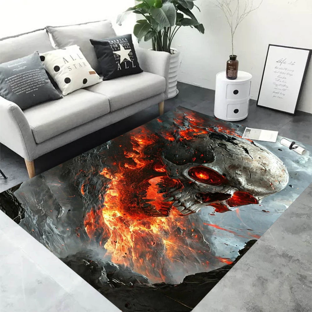 

MINISO Halloween Flame Skull Carpet Black Minimalist Cool Living Room Carpet Rugs for Bedroom Home Decoration