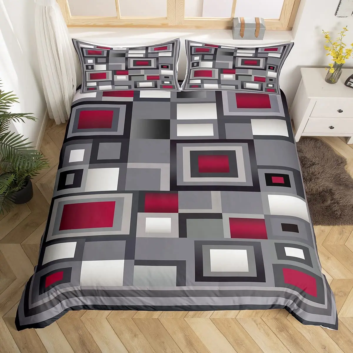 Square Lines Bedding Set, Black Line Duvet Cover for Kids Teen Boys Girls,Modern Abstract Comforter Cover Decorative Room 3pcs