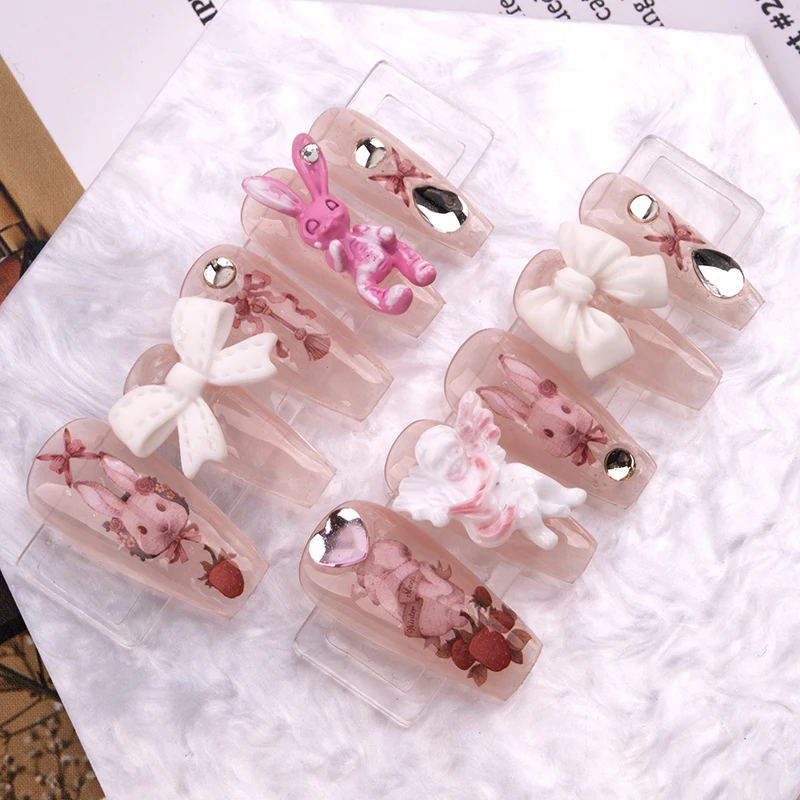 

Luxury Handmade Rabbit Pink Glittery Fake Nail Art With Glue Detachable Reusable False Nails Tips Press On Nails Bow Manicure