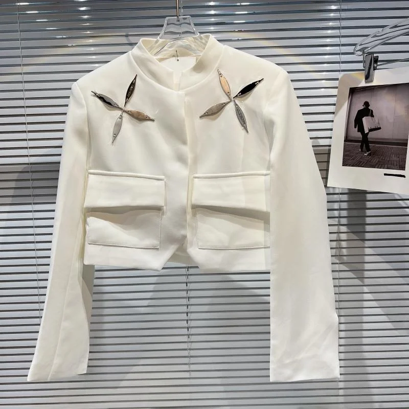 قطعة معدنية عصرية مزينة بياقة واقفة ort Jaet للسيدات طقم مزدوج للخريف وصل حديثًا معطف قرد أنبوبي مستقيم