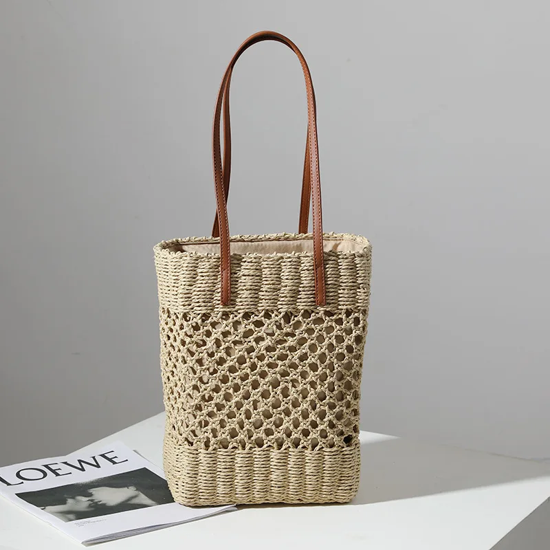 Bolso de paja con hombro tejido a mano para mujer, bolsa de playa, vacaciones en la playa, Corea del Sur