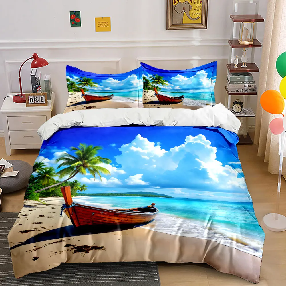 

Sunny beach with wooden boat Pattern Duvet Cover Set Digital Print Colorful Polyester Bedding with Zipper Closur for kids gifts