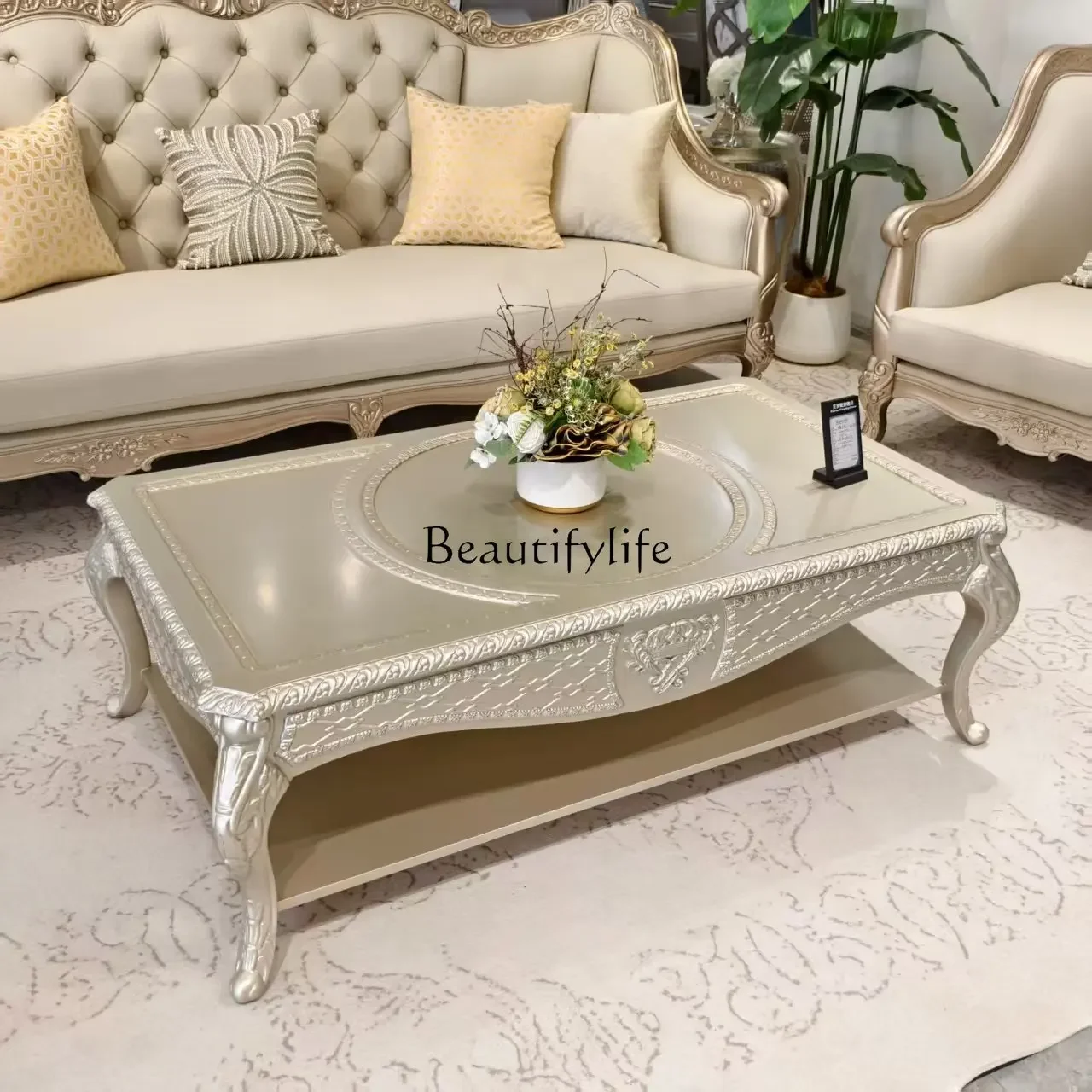 

yj9 American light luxury solid wood carving flower coffee table, living room neoclassical square solid wood