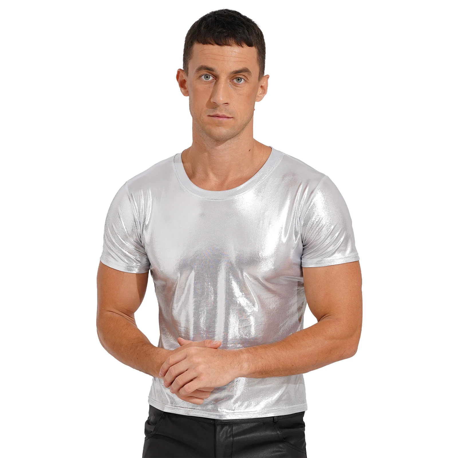 Mens Shiny Metallic T-shirt Tops Male Clothing Round Neck Glossy Solid Color Short Sleeve Pole Dance Party Rave Festival Outfit