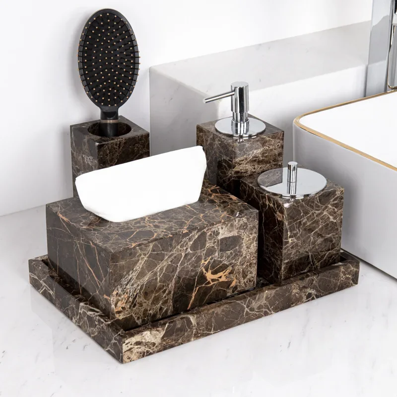 【Natural】Marble Bathroom Set Emperador Dark Wholesale Hotel & Home Bathroom Toiletries Kit Decorative Tray