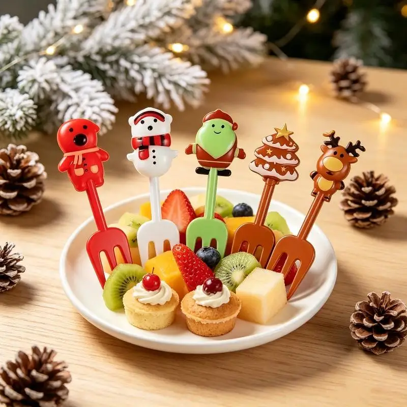 10 Pcs Reusable Christmas Cartoon Fruit Picks Santa Reindeer Snowman Tree Design for Kids Snack Holiday Party Dessert Table